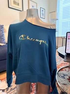 Champion Teal Off-Shoulder Sequin Logo Sweatshirt (Teal)